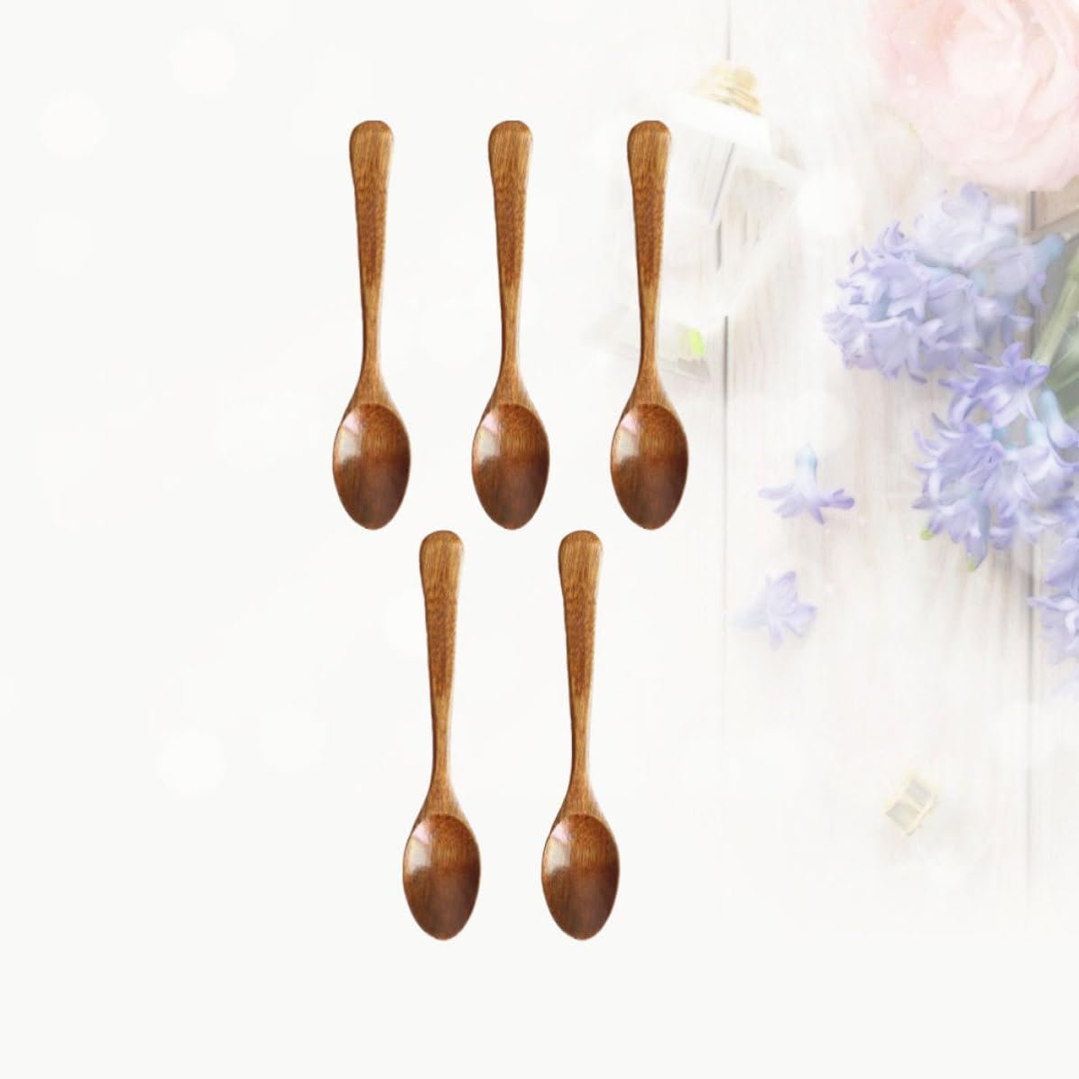 SOLUSTRE 5pcs Mini Wooden Spoons, Sturdy Handmade Polished Dessert Spoons, Lightweight Brown Wood Flatware for Home, Restaurant, and Tea Shop Use