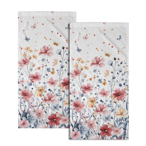 Mweet Watercolor Flowers Hand Towels, 14x28 Inch Pink Blue Floral Butterfly Botanical Absorbent Soft Dish Washing Cloth Face Tea Towels for Kitchen Bathroom Gym Hotel Spa Decor