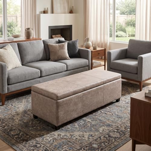 Image of SIMPLIHOME Avalon 48 inch Wide Vegan Leather Storage Ottoman in Grey