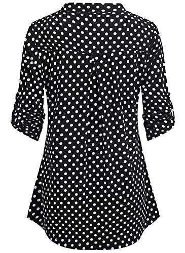 Bepei Tunic Tops For Leggings For Women,3/4 Half Sleeve Polka Dot Solid Fabric Chiffon T Shirt Front Zip Nursing Top Henley V Neck Pleated Back Tunic Black White Xl #TOP2