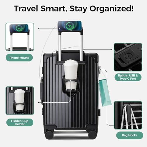 cllson Carry on Luggage Aluminium Frame with Cup Holder,Top opening Suitcases and USB Charging Port,Lightweight with Front Pocket Rolling Suitcases with Spinner Wheels - 2