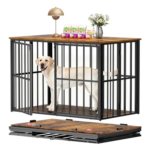 LOVMOR 48' Folding Furniture Style Dog Crate End Table for Large Dogs, Indoor Decorative Dog Kennel Side Table with Wood Top, Heavy-Duty Dog Cage, Easy Assembly & Space-Saving Storage
