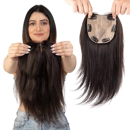 Image of Capilus 100% Human Hair Extensions for Women, Clip in Scalp Topper /Hair Topper, Silk Based- (5 inchx5 inch, 22 Inches, Natural Black)