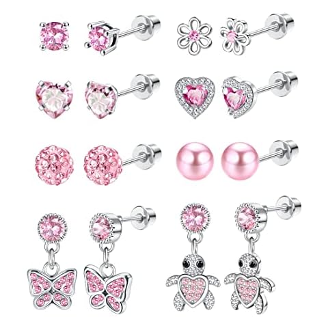 YADOCA 8 Pairs Hypoallergenic Stud Earrings for Women Girls Kids Surgical Steel Cubic Zirconia Screw Back Earring Heart Pearl Rainbow Flower Butterfly Dangle Earrings Set, Pink Cover