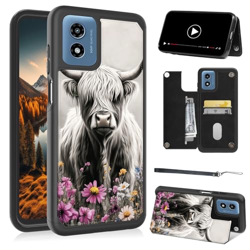 AIRWEE Wallet Case for Motorola Moto G Play 4G 2024 6.5", Cow Wildflowers PU Leather Flip Cover with RFID Blocking Card Holder, Shockproof Stand Protective Case & Lanyard