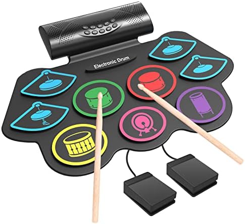 Momkhx Electronic Drum Set, electric drums for kids, 9 Pads roll up drum set, with Build-in Stereo Speaker，Dual Built-in Speakers, Kids Christmasy Birthday Gift - Colorful