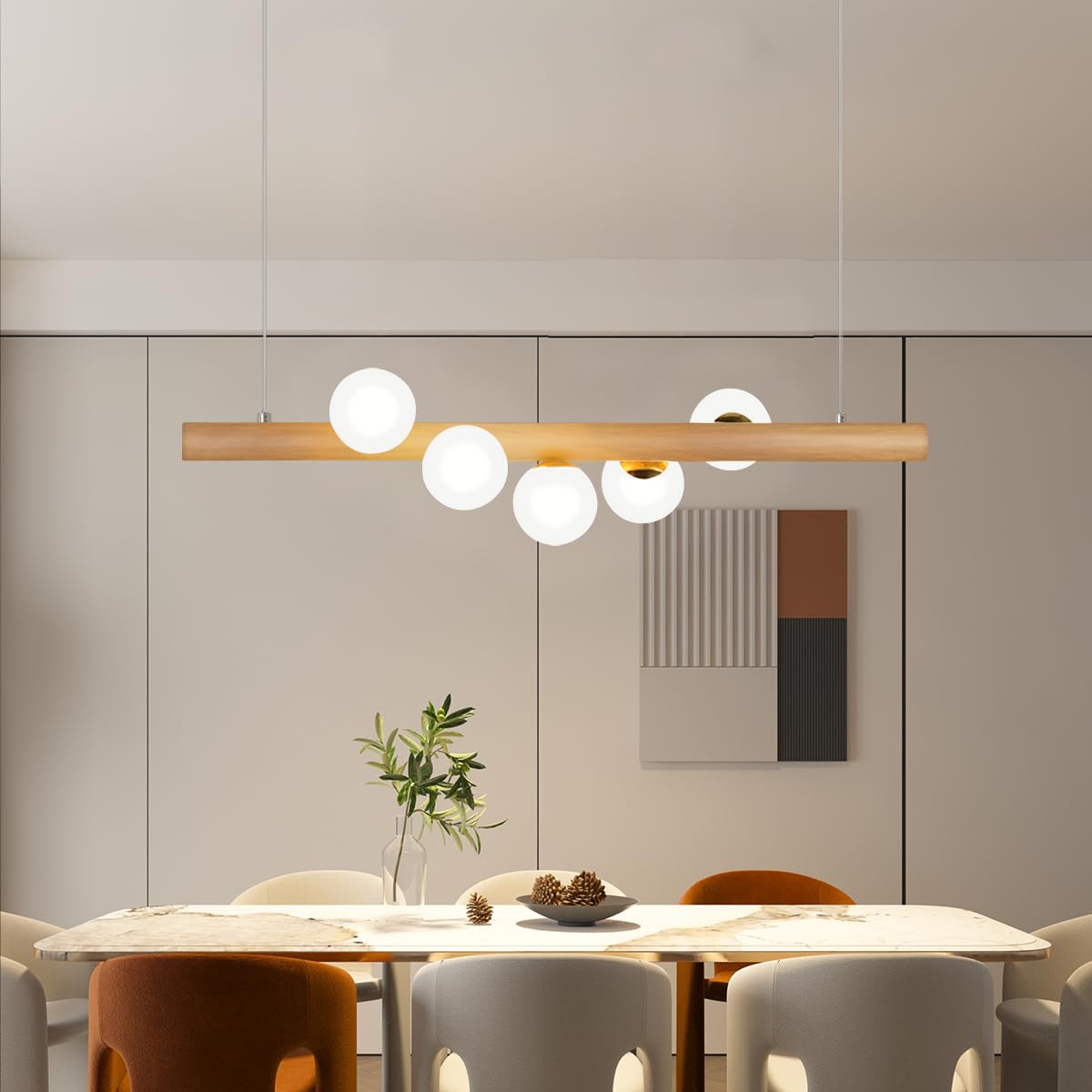 Azanaz Lampada a sospensione Legno Lampada da tavolo da pranzo Vintage,La trave di legno è lunga 80 cm, con 5 sfere di vetro - regolabile in altezza,Lampadario per Della Bar Sala da Pranzo