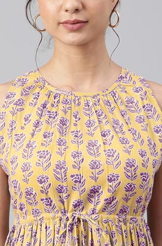 Image of Janasya Women's Cotton Floral Block Print Tiered Western Dress