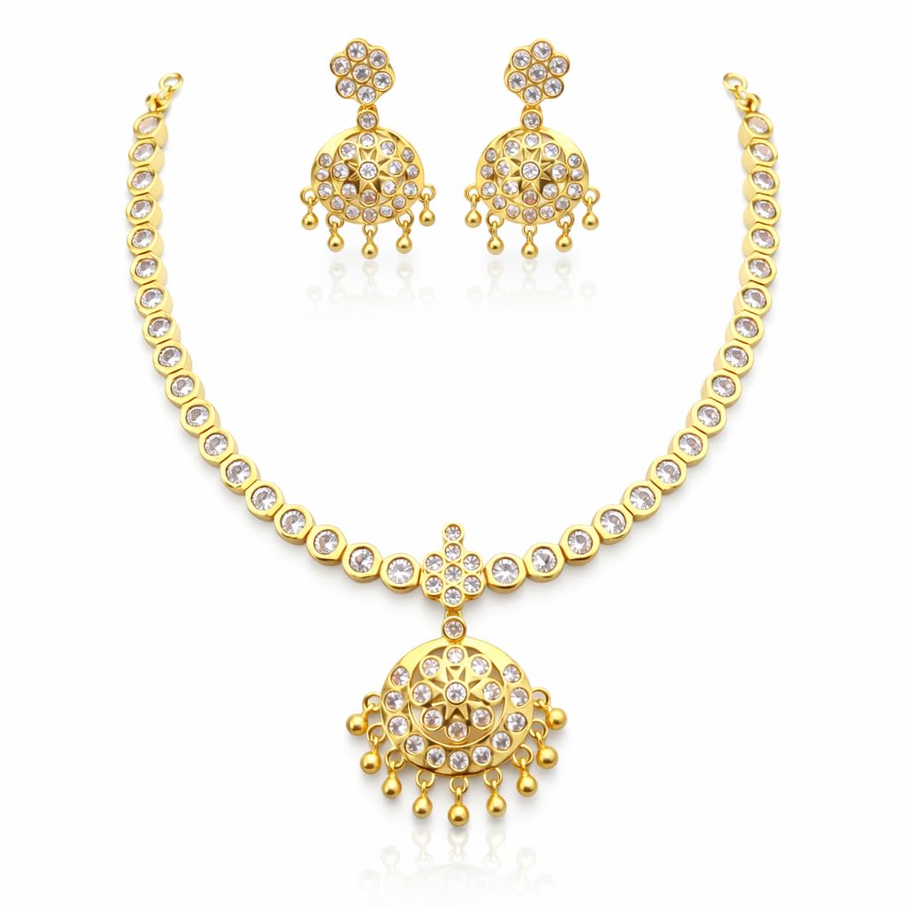 Gold Finish Attigai Diamond Necklace Set with Matching Earrings | Suitable for Every Occasion (Crystal White)