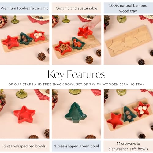 Image of Nestasia Set of 3 Holiday Ceramic Snack Bowls with Bamboo Tray | Star & Tree Shaped, Dishwasher-Safe, Eco-Friendly, Festive Serving Dishes | Ideal for Appetizers, Treats, Snacks, Sweet, Dip & Gifting