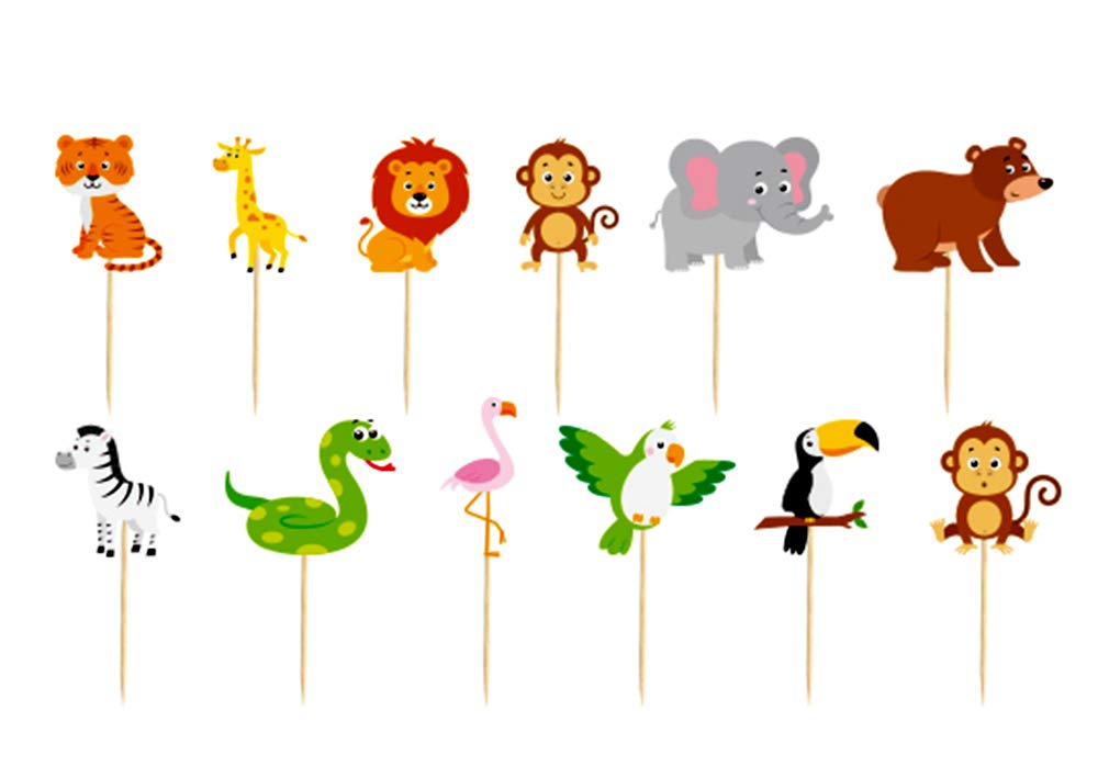 Safari Zoo Animals Cupcake Toppers for Jungle Safari Zoo Theme Birthday Party Decorations Set of 1 Dozen