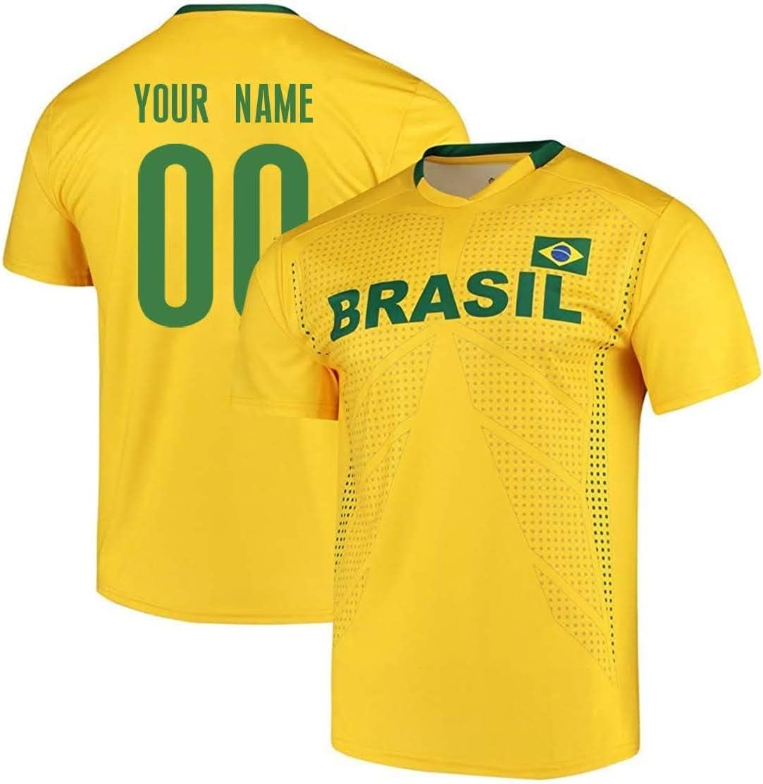 Custom Brazil Jersey Short Sleeve Tee - Adult and Youth (US, Numeric, 10, 12, Regular, Regular, Yellow)