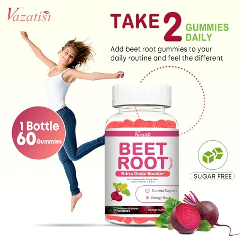 Image of Beet Root Gummies - Nitric Oxide Beetroot Gummies with Coq 10, Grape Seed, Pomegranate for Circulation & Energy Support - Vegan, Non-GMO, 60 Beet Chews