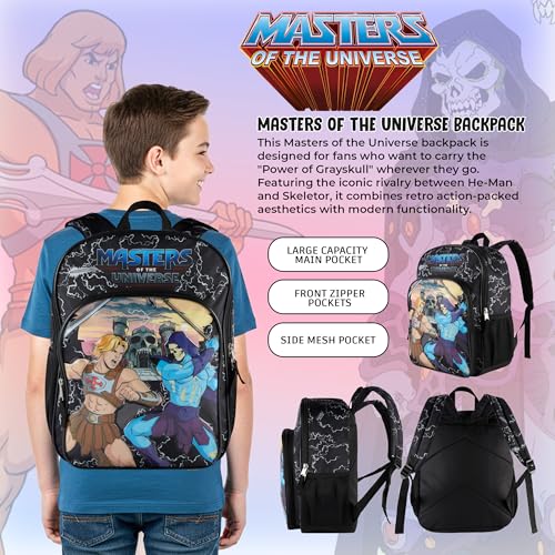 Image of AI ACCESSORY INNOVATIONS Masters of the Universe Castle Grayskull Backpack for Kids, 16 Inch Bookbag featuring He-Man & Skeletor, Black