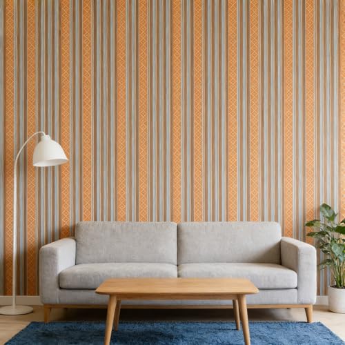 Vintage Striped Diamond Peel and Stick Wallpaper, Self-Adhesive, Removable, Orange and Silver, Thickened Material for Home Office, Living Room, Dining Room, 17.3x118 Inch by HaoCaihwhui - Image 2