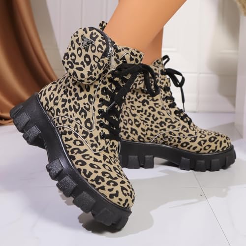 Combat Boots for Women,Winter Platform Leopard Mid Heel Boots Chunky Low Heels Lace Up Buckle Ankle Booties with Bags4