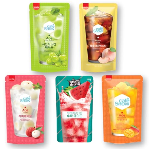 Korean Convenience Drink Pouch Variety Pack – 5 Refreshing Flavors: Peach Ice tea, Watermelon Ade, Shine Muscat Ade, Lychee Ade, Apple Mango Ade – CVS Gift Pack from Korea