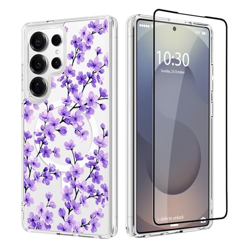 OOK Magnetic for Samsung Galaxy S25 Ultra Clear Case,Purple Cherry Flower