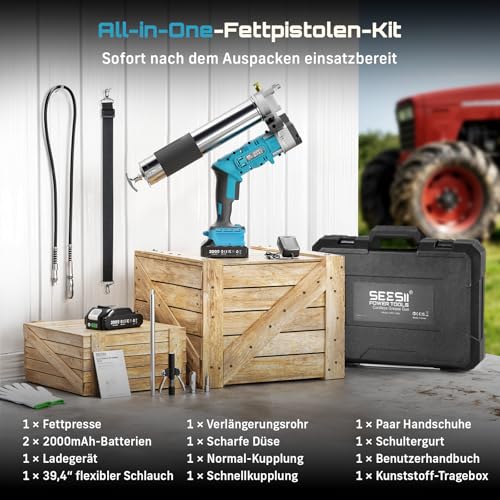 Seesii Innovative 2-in-1 Akku Fettpresse: Hocheffizientes 5,3 oz/min 12000 PSI Fettpresse Kit mit 2 * 2.0Ah Batterien und Ladegerät, einfach zu bedienen für Landwirte, Maschinenbediener und Besitzer