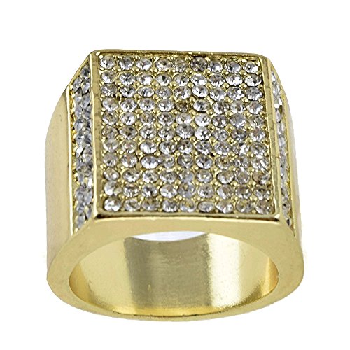 Square Micro Pave Bling Side Paved Gold Tone Finish Men's Chunky Hip Hop Size 7-12 Ring
