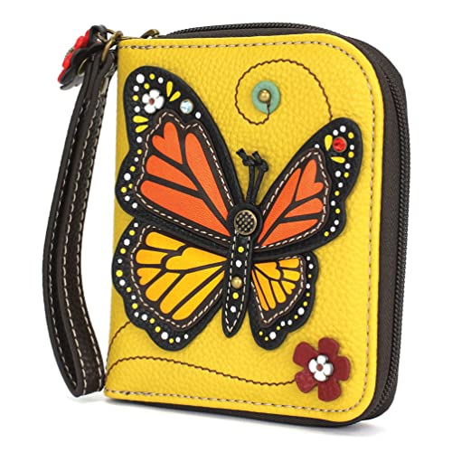 Image of CHALA Zip Around Wallet, Wristlet, 8 Credit Card Slots, Sturdy Pu Leather - Monarch Butterfly - Mustard