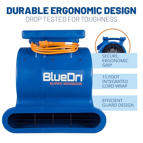 Image of BlueDri Super Monsoon 1 HP, 4050 CFM Air Mover Blower Fan for Water Damage Restoration Carpet Dryer Floor Home and Plumbing Use, Blue, BD-SMNSN