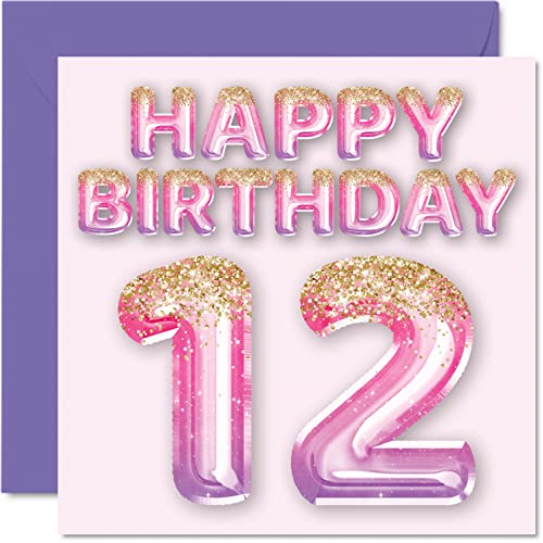 12th Birthday Card for Girls - Pink & Purple Glitter Balloons - Happy Birthday Cards for 12 Year Old Girl Daughter Sister Granddaughter Cousin, 5.7 x 5.7 Inch Twelve Twelfth Bday Greeting Cards Gift
