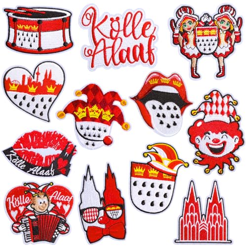 12 Stück Bügelbilder Karneval, Köln Rot Weiß Bügelflicken, Kölner Karneval Flicken zum Aufbügeln Patches zum Aufnähen, Köln Karneval Kostüm Bügelbild Fasching Accessoires Aufnäher Bügelaufkleber