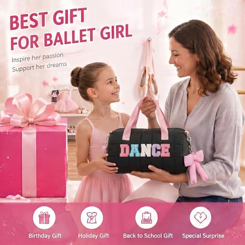 Image of 12.8 Inches Quilted Puffer Ballet Dance Bag Cute Tote Bag with Hanging Bow Pendant for Travel Dancing Dress