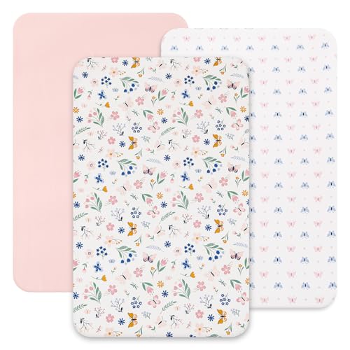 Image of david's kids 3 Pack Mini Crib Sheets, Soft Breathable Premium Pack N Play Sheets for Baby Boys Girls Neutral, Playard and Mini Crib Mattresses, Floral & Butterfly
