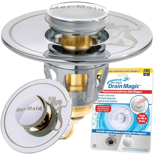 Mer-Maid Drain Magic AS-SEEN-ON-TV Replace Broken or Missing Bathroom Drain Stoppers in Seconds No Tools Push To Fill Hair Catcher Prevents Clogs Watertight Silicone Seal Chrome Plated Solid Brass