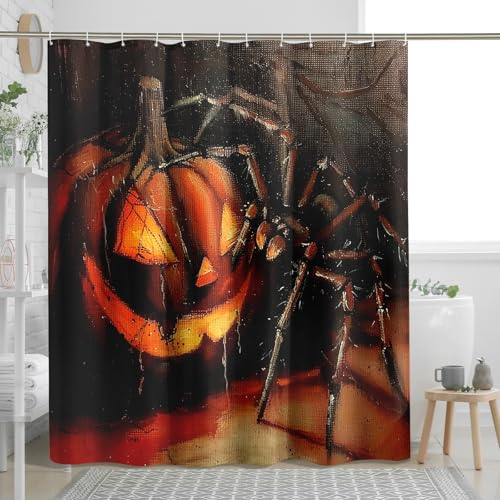 Rideau de douche d'Halloween, motif citrouille araignée effrayante pour décoration de salle de bain, ensemble de rideau de douche en tissu imperméable avec crochets - Noir et orange - 183 x 198 cm