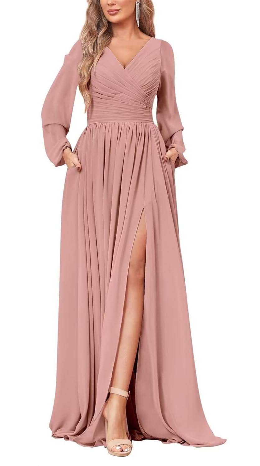 HPPEE Dusty Rose Long Sleeve Bridesmaid Dresses with Sleeves Slit A Line Chiffon Corset Formal Evening Dress UK12
