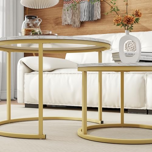 HOJINLINERO Runder Couchtisch, 2er-Set, Beistelltisch, Couchtisch für Wohnzimmer, Couchtisch aus Holz mit Stauraum und goldfarbenem Metallrahmen, modernes Beistellsofa, Tee-Beistelltisch, Wohnzimmer – Bild 7