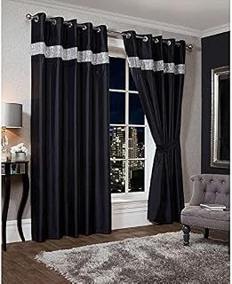 Cannes Faux Silk Eyelet Diamante Embellished Curtains with Free Tie Backs  Eyelet Curtains For Living Room, Block Out Curtains, Room Darkening, Indirect Sun Light Blocking (Black, 66in x 72in)
