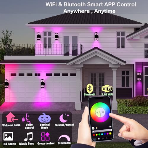 Image of rosykite Smart Outdoor Sconce Lights 2 Pack, Up Down Wall Porch Lights RGB Color Changing WiFi APP Control, Dimmable LED Exterior Wall Lighting Fixtures Work with Alexa,No Hub Required,ETL Listed