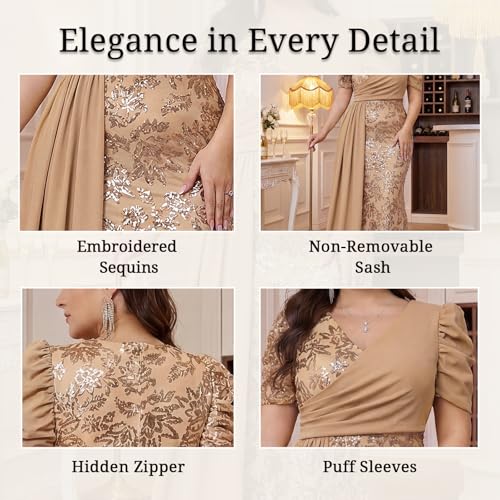 Image of Elegant Women's Formal Dress Wedding Guest Puff Sleeve Mermaid Ball Gowns Court Train Plus Size Sequin Long Dresses