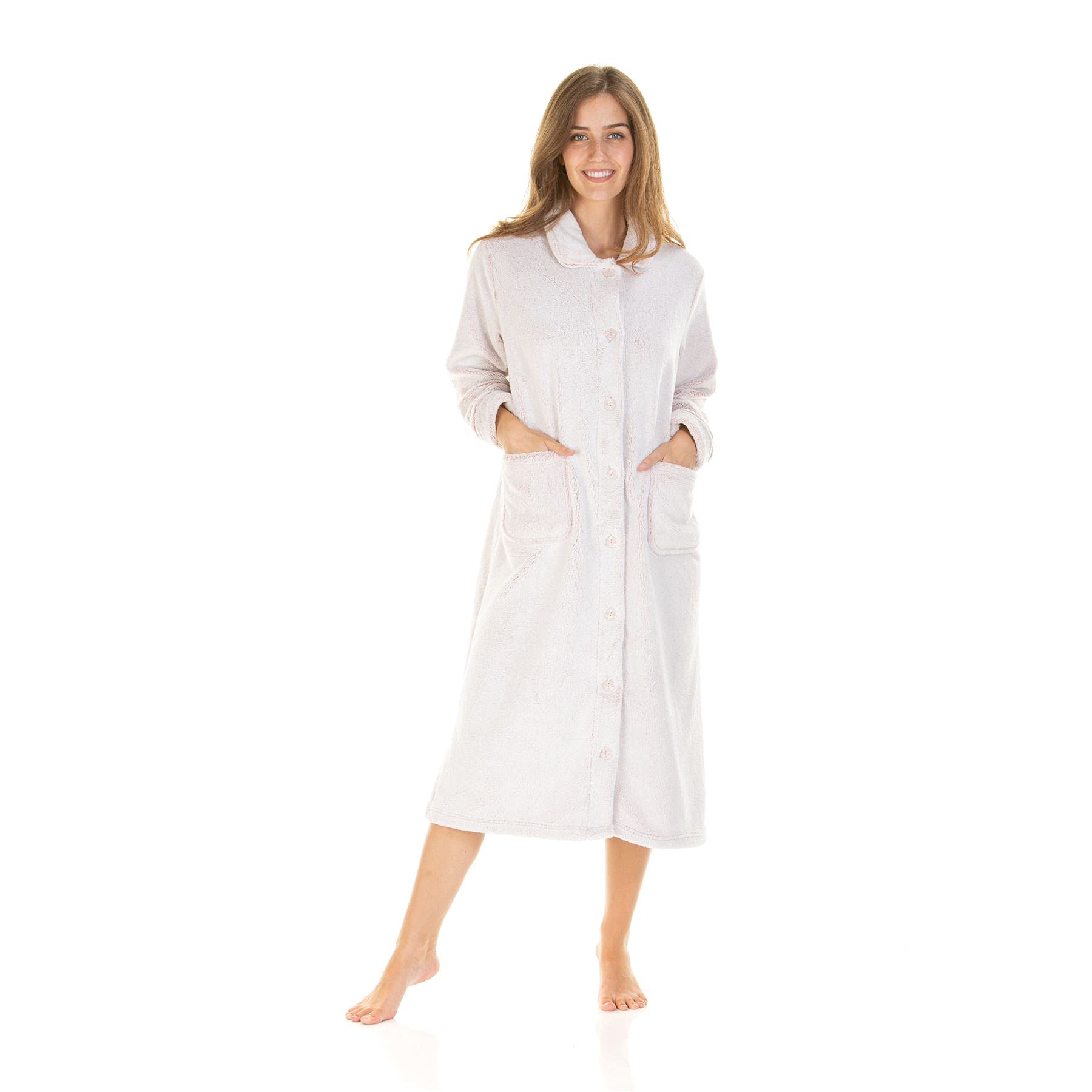 Evotex Trading Women's Pink (Button Through) Luxury Longpile Fleece Button Through Robe/Dressing Gown Pink 10/12