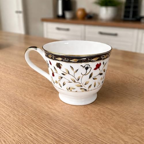 Image of Bone China Tea Cup & Saucer Set (6 Cups + 6 Saucers, 160 ml) | Floral Printed Designer Tea Set with Gold Rim | Premium Crockery for Home, Hotel & Gifting