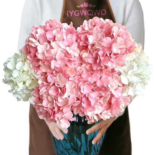 6 Pcs 20" Silk Hydrangeas Flower, Hydrangea Artificial Flowers, Long Stems Large Faux Dried Floral Real Looking Fake Bouquet for Living Room Porch Wreath Xmas Decor (2Pcs White/ 4Pcs Pink)