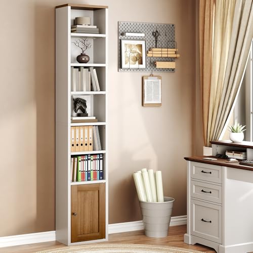 RALGEND 7-Tier Tall Narrow Bookshelf with Door, 71 Inches CD DVD Slim Media Tower Rack with Storage Cabinet, Adjustable Shelves, Skinny Bookshelf Display Bookcase for Home Office, White and Walnut
