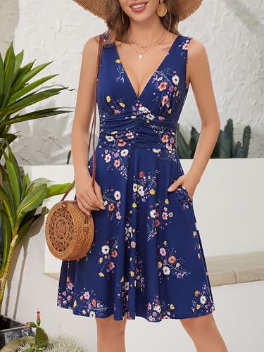 Image of OURIN Women's Spring Deep V Neck Sleeveless Floral Sundresses with Pockets Flowy Summer Dresses for Women