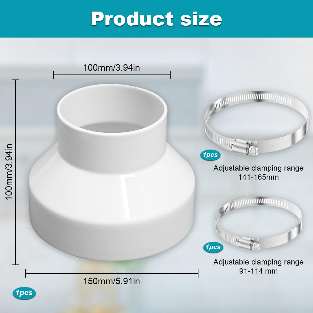 Round Ducting Reducer 150mm to 100mm, 6 to 4 inch Duct Pipe Reduction Connector mit Stainless Hose Clips(91-114mm,141-165mm) - Image 2
