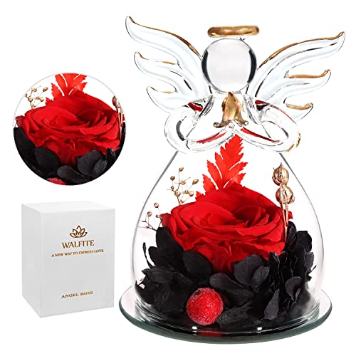 Walfite Forever Rose,Glass Flowers,Angels Figurines,Personalized Gifts For Women,Preserved Rose Glass Angel Figurines Gifts With Pretty Flowers For Anniversary Wedding（Red Rose） #TOP6