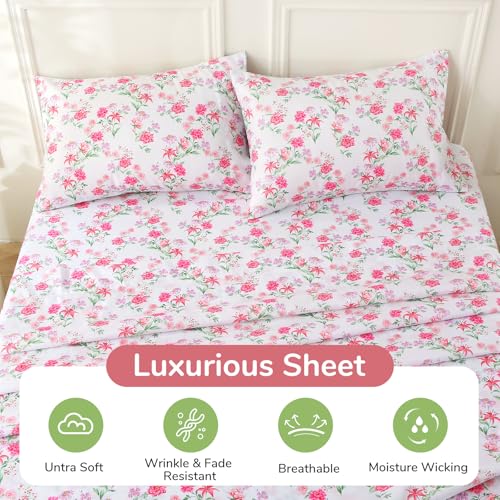 Image of MUXHOMO King Size 4 Piece Sheet Set, Soft & Breathable Sheet for Bedroom with Deep Pocket Up to 16 inch, Wrinkle-Free & Cooling Bed Sheets with Flat Sheet, Fitted Sheet & Pillowcases - Vibrant Blooming