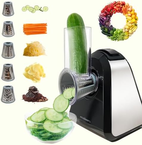 mokero 5 in 1 Electric Cheese Grater Salad Shooter Maker for Block Cheese Home Kitchen Electric Food Slicer Shredder Chopper Automatic Grater for Vegetables Cucumber Carrots Cabbage Nuts