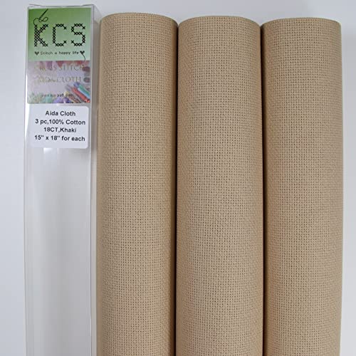 Image of KCS 3 pc of 15 inch x 18 inch Counted Cross Stitch Cotton Aida Cloth Needlework Fabric,18CT,Khaki