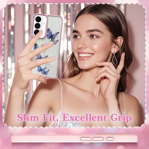 Image of VONZEE for Samsung Galaxy S26 Plus Clear Glitter Butterfly Case, Cute Bling Sparkle Shiny Soft Silicone TPU Bumper Shockproof Women Girls Slim Protective Phone Cover, Pink