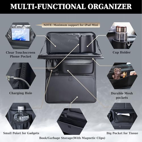 Image of Coverado Backseat Car Organizer, Nappa Leather Car Seat Organizer with Touch Screen Tablet Holder, Foldable Food Tray, Kick Mats Protector, Multi Car Storage Accessories, Garbage Bag Holder-1 Pack