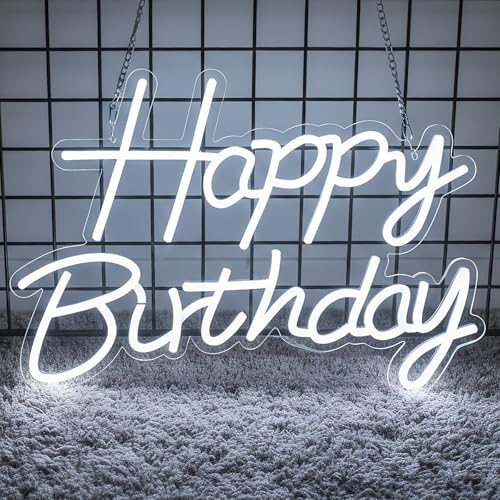Happy Birthday Neon Sign for Backdrop LED Happy Birthday Light Up Sign USB Powered Dimmable Neon Light for Birthday Party Decorations Wall Decor White 16.5 x 12 inch